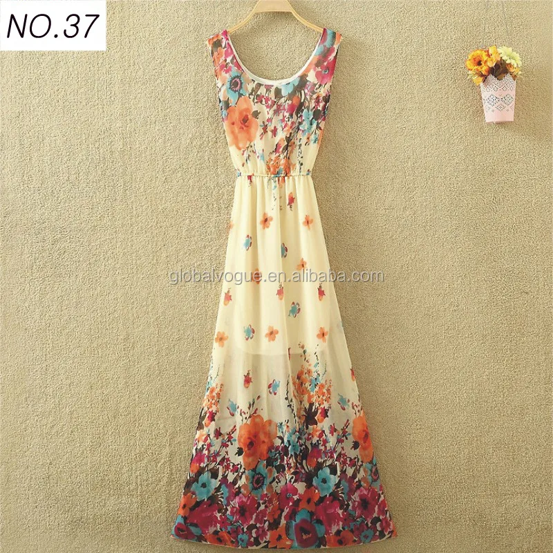 2015 summer hot sales women vacation beach bohemian dress,floral dress sleeveless vest chiffon dress