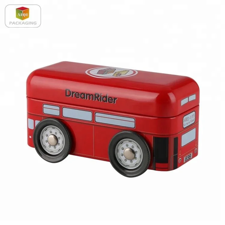 empty offset printed bus shaped tin box for chocolate packaging