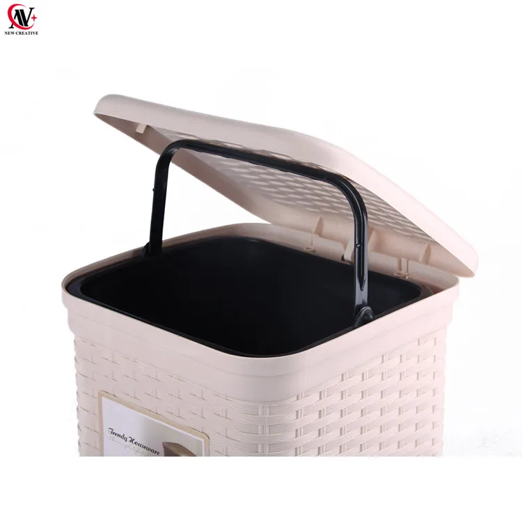 kitchen rattan woven pedal trash bin 6L rectangle waste can with inner bucket
