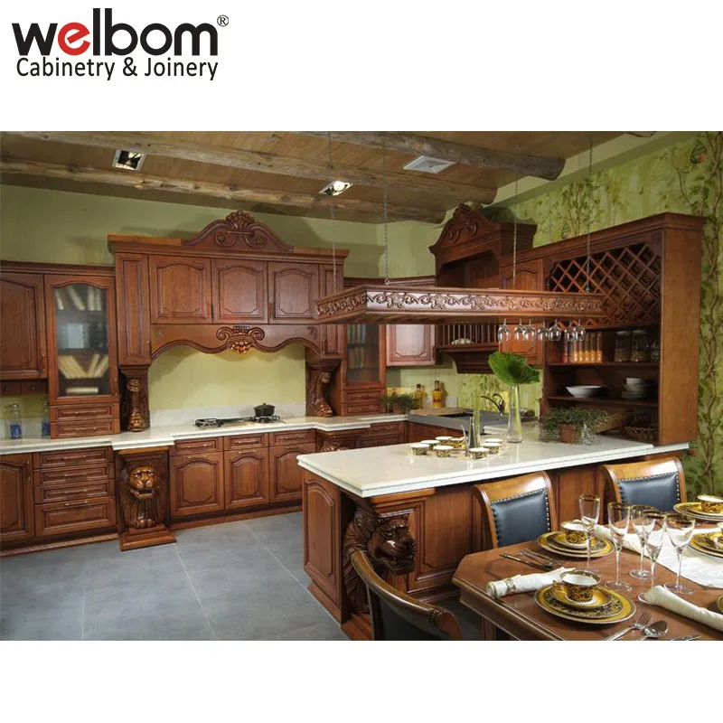 European New Carving Red Solid Wood Kitchen Cabinet