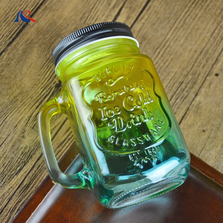 Customized Color Glass 500ml  Engraved Logo Flawless Etch Mason Jar For Cold Drinks With Straw Iced Cold Drink Drinking Bottle