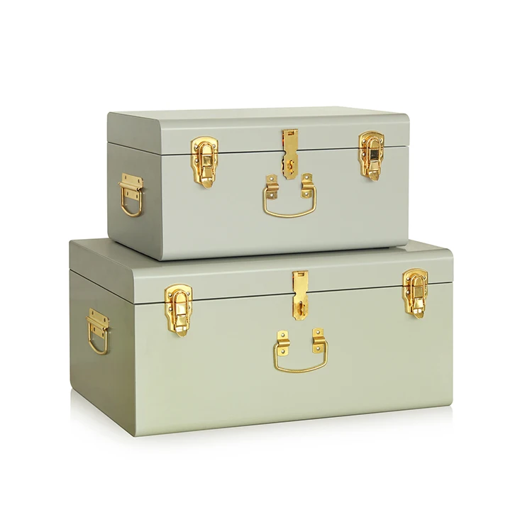 Industrial Vintage Metal Tin Trunk Box with Lock