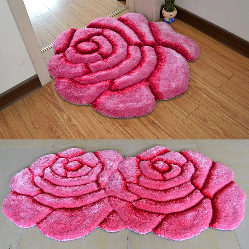 3D Pink rose shag super soft smooth silk area home bedroom gril room game flower shaggy carpet