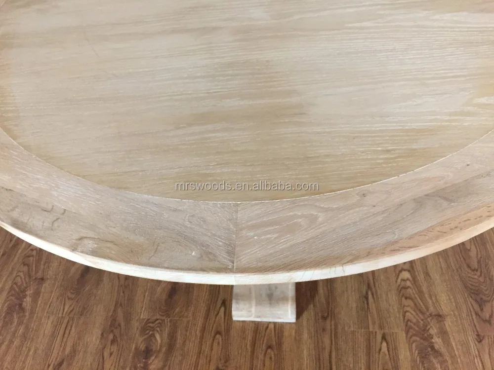 MRS WOODS Solid Oak Wood Top And Base With Stainless Steel Round Large Dining Table