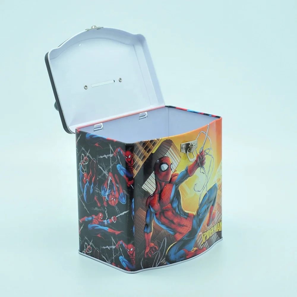 Tin box Spiderman castle money collection metal tin box  with handle