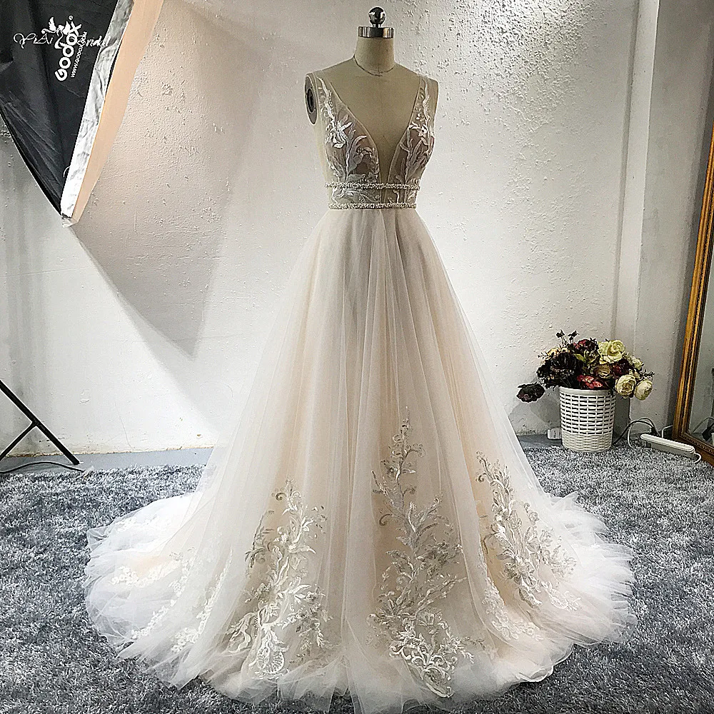 RSW1493 High quality Vestido De Noiva Sleeveless Deep V-neck Blush Pink Boho Lace Beach Wedding Dress Bridal Dress