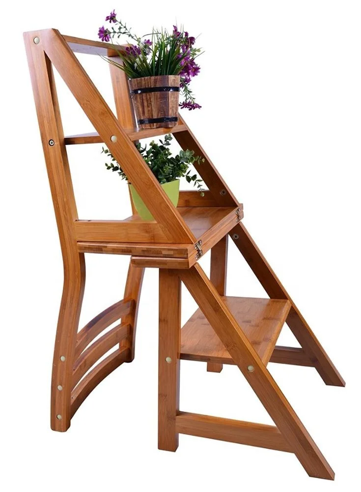 
Bamboo Folding Display Shelf/Transforming Folding Fold Up Step Ladder Chair Kitchen Office Use Natural Bamboo Color 