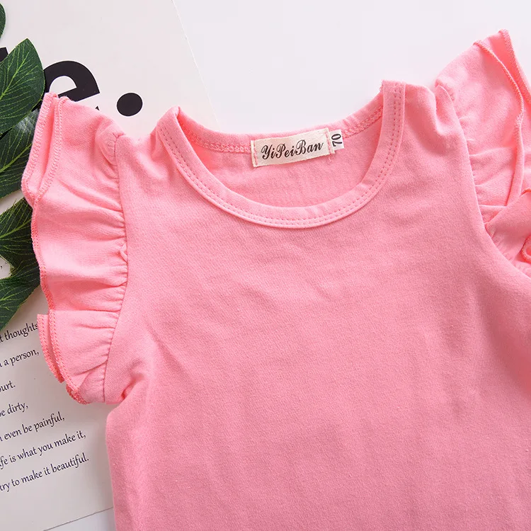 1-6 Years Girls Shirts Flutter Short Sleeve Solid O-neck Baby Girl Clothes Summer MH872