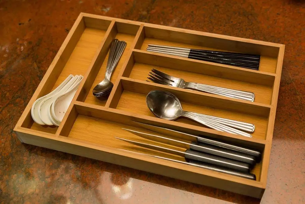 Large 6 Slot Kitchen Drawer Organizer With High Quality Bamboo Cutlery Drawer Organizer