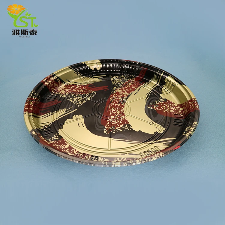Christmas party serving tray Fast food sushi box PS plastic disposable round flower printing trays