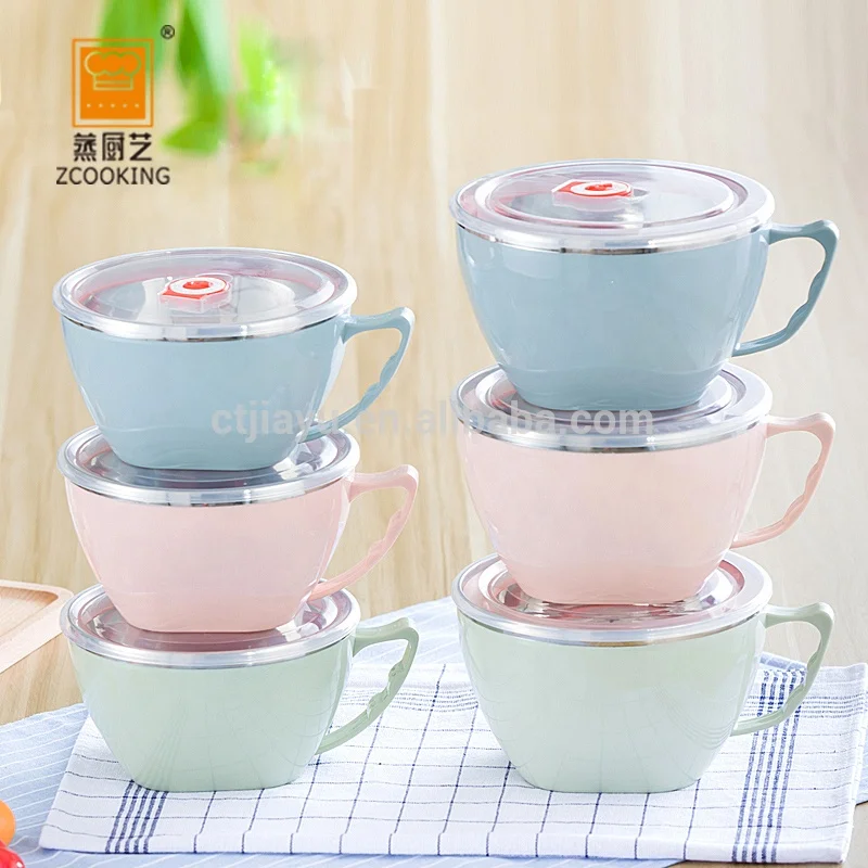 Noodle Bowl with Lid Wholesale Colorful Stainless Steel Double Insulation Plastic PP Plastic and Stainless Steel 304,metal 900ml