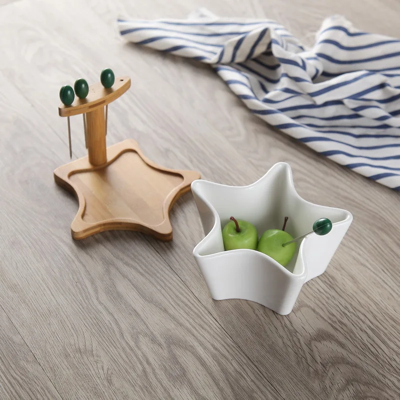 White Plates Ceramic Storage Trays Bamboo Serving Tray