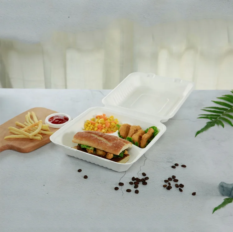 Biodegradable meat food packaging clamshell sugarcane pulp bagasse 3 compartment tray for food