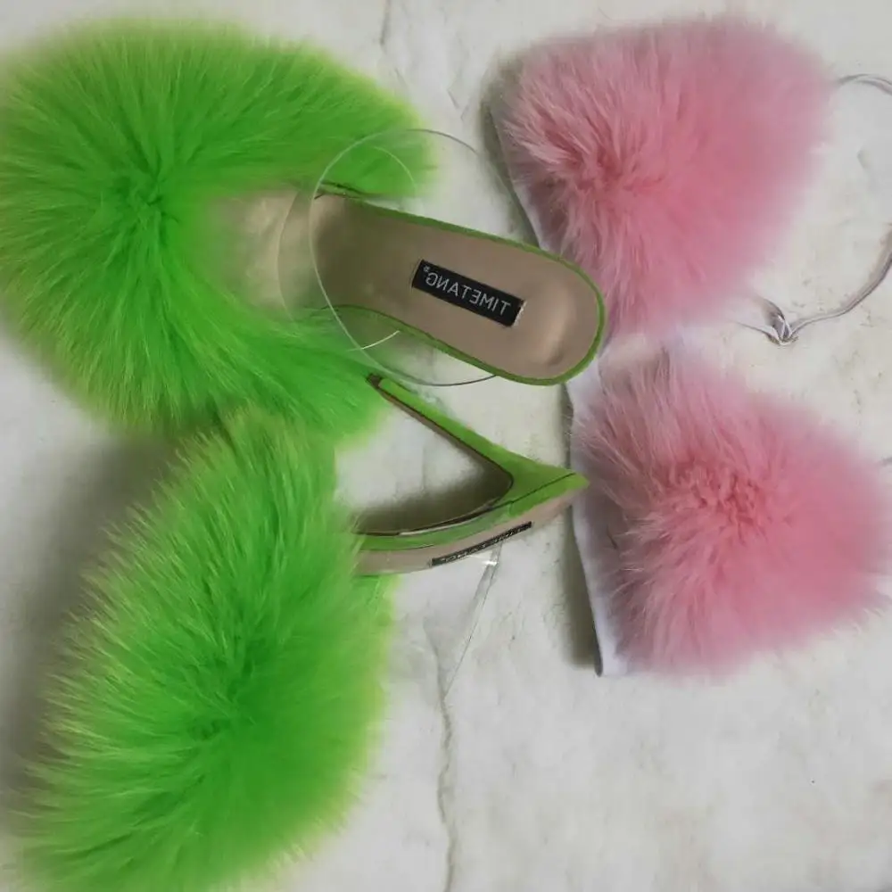 20 19 summer big and full fox fur heels fur slides custom color and big size ready to ship