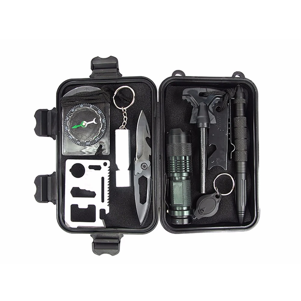 Waterproof camping equipment survival items Survival box with Survival whistle Firestick Multitool card tactical pen big compass