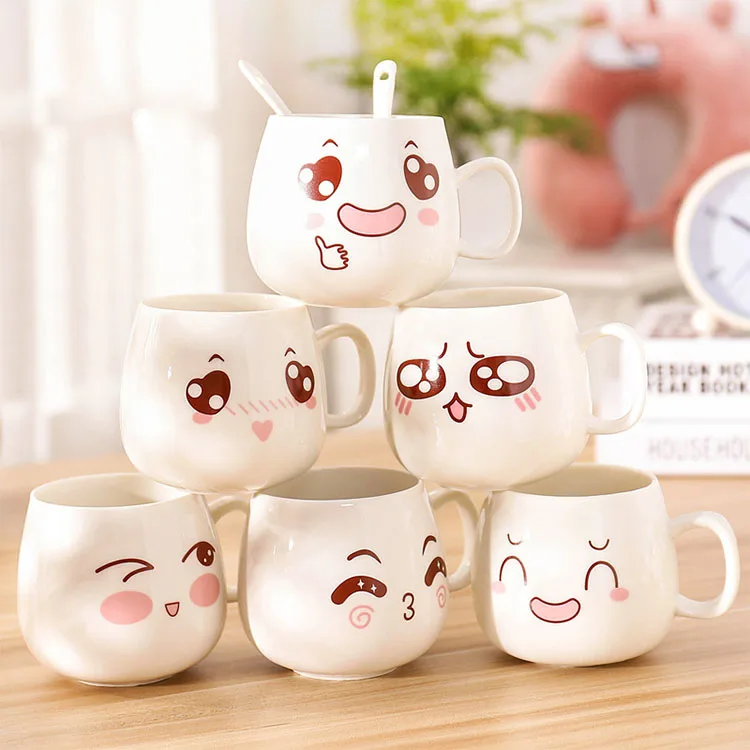 Custom Personalized Cute Expression Cartoon White Ceramic Coffee Mug with Lid Spoon Reusable Coffee Cups