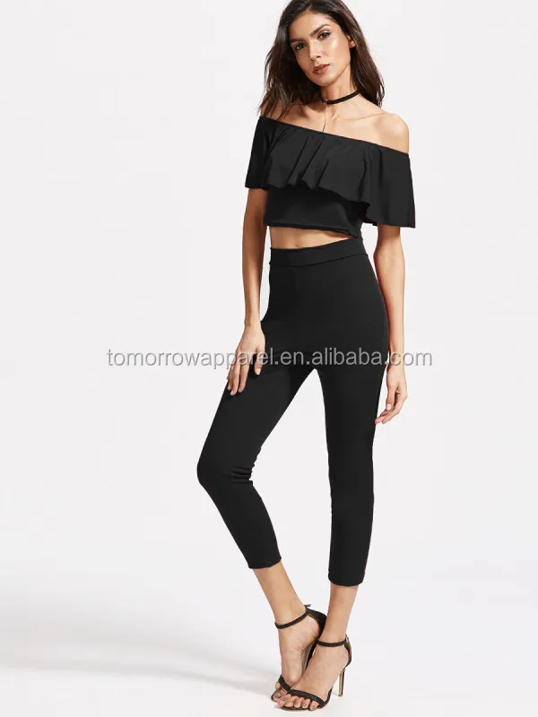 
Off The Shoulder Ruffle Crop Top With Pants Manufacture Wholesale Fashion Women Apparel (TA4059SS) 