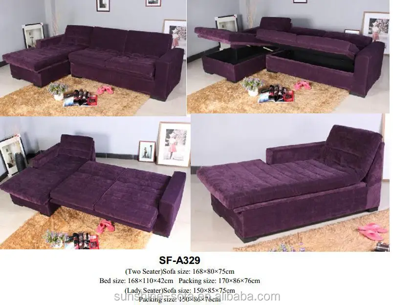 Modern Flock Fabric Corner Sofa Bed with Storage Metal & Wooden Frame Reclining & Foldable for Bedroom Living Room Furniture