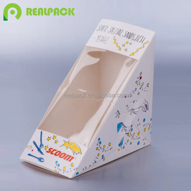 Custom printed disposable paper sandwich box Kraft Paper Triangle Sandwich Packaging Boxes with window