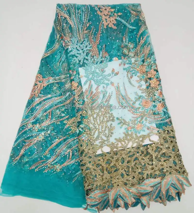 Guangzhou african wedding embroidery tulle lace fabric material French 3d lace fabric with stones TS004