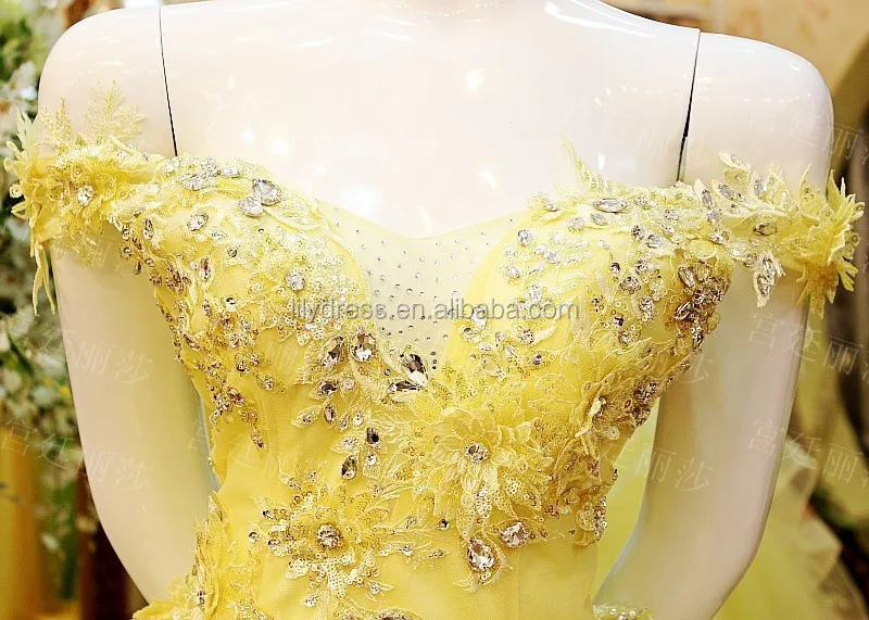Colored Ladies Off Shoulder Floor Length Custom Made Formal Bridal Gowns Design HS326 yellow wedding dress