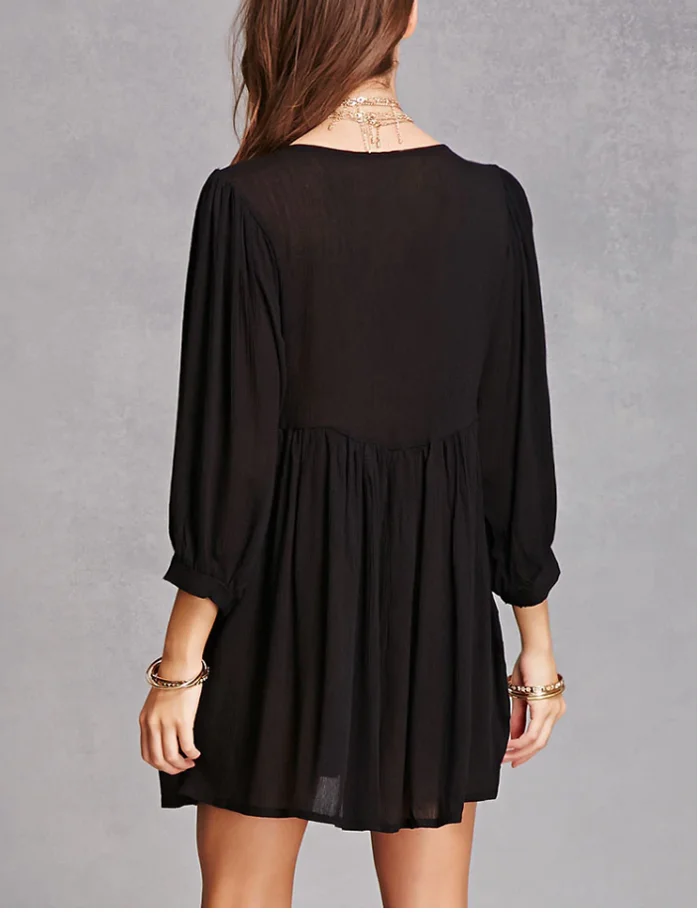 High quality fashion women wear embroidery long black tunic blouse