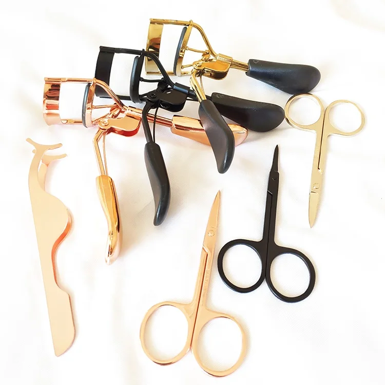 Hot sell eyelash applicator gold black rose gold color curlers eyebrow scissors false eyelash tweezer wholesale