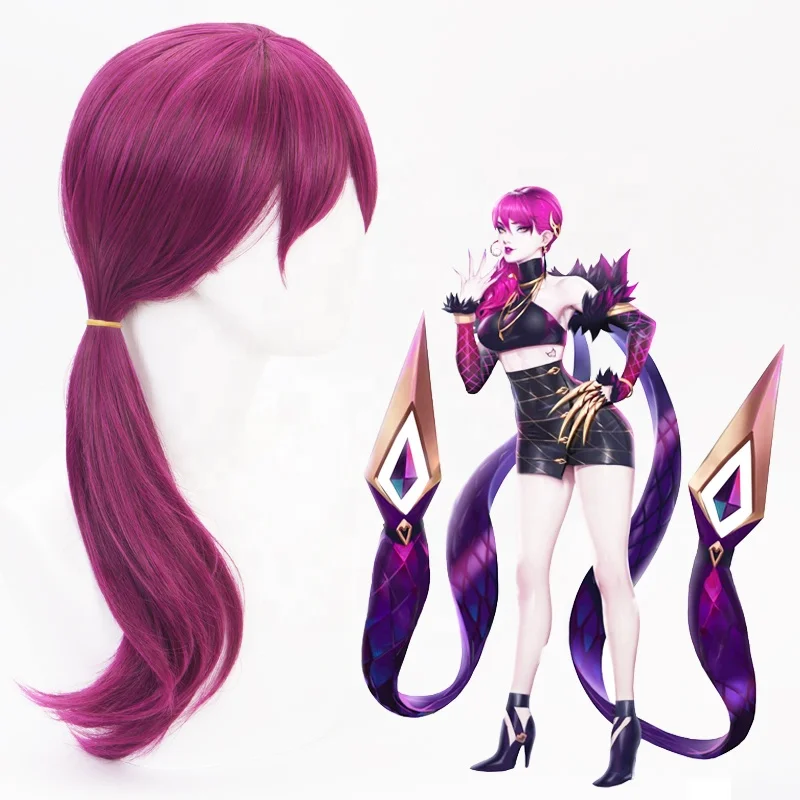 Wholesale League of Legends LOL Anime Wigs Cosplay 60cm Long Curly Dark Rose Mixed KDA Evelynn Wig Synthetic Wigs