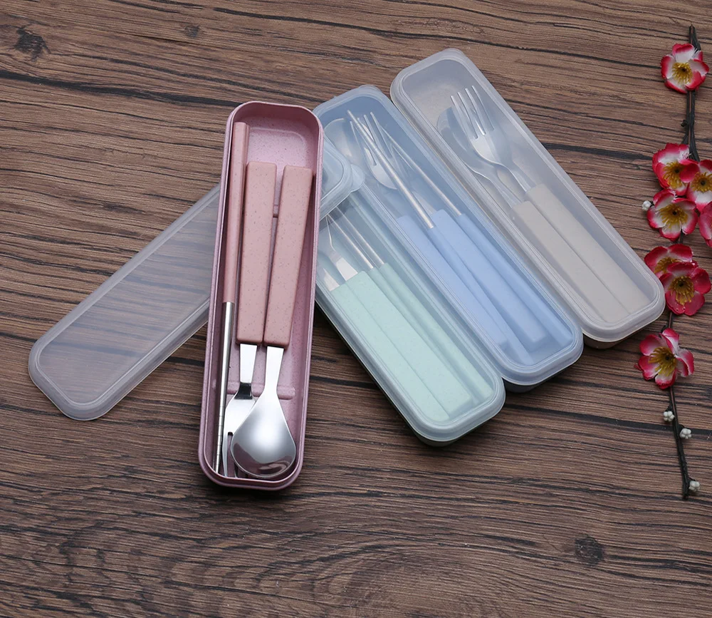 ЭК. Чист. Дорожный набор столовых приборов с футляром, банка из пшеничной соломы, портативная посуда