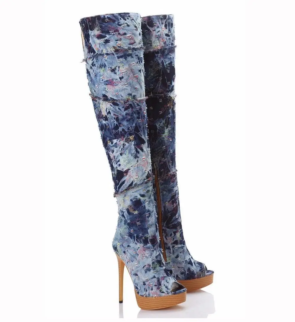 2021 women  denim open toe knee boot stiletto  women platform high heel knee boots shoes for ladies
