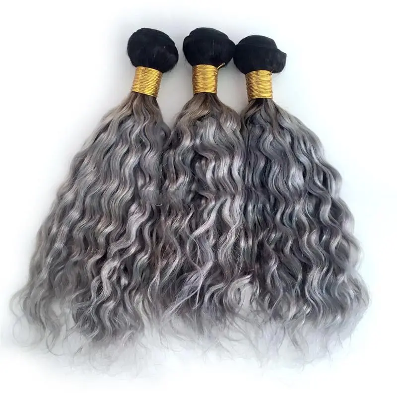Unprocessed top quality 1b grey two tone ombre color human extensions indian silver water wave human hair weaves