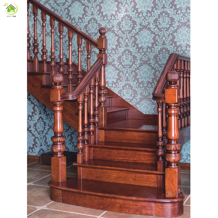 Carving luxury oak wooden inside balusters stair railings design decorative wood stair handrail