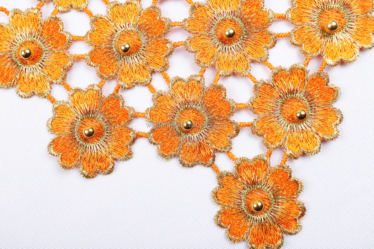 
African Lace Trim yellow 3d lace fabric with Beads and Stones for Wedding 