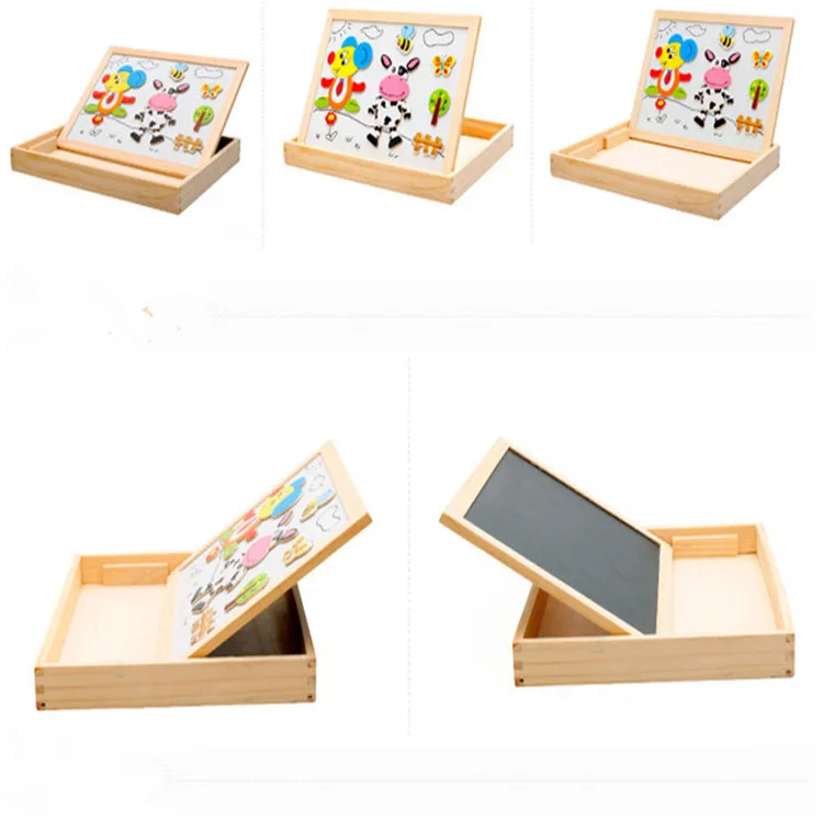 Hot Sale Educational Multi-function Wooden Easel Whiteboard Blackboard Kid Toy Cartoon Magnetic Puzzle