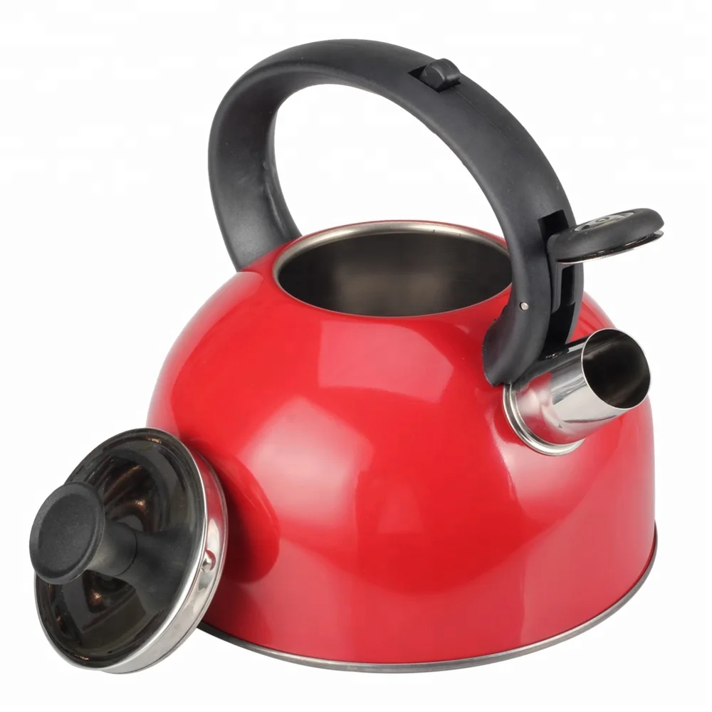 Stainless Steel Whistling Tea Square Kettle, 2.5-Quart, Metallic Red