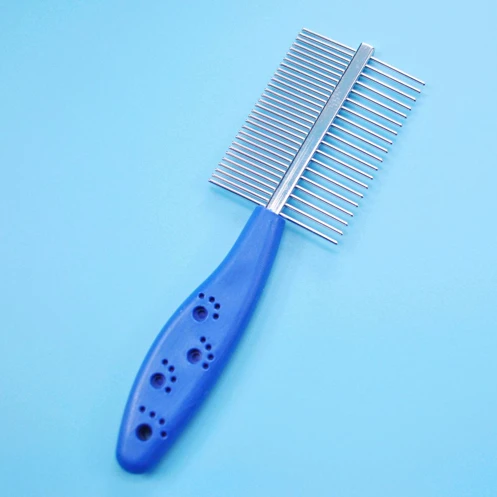 double sided pet grooming comb with plastic handle and dog paw print