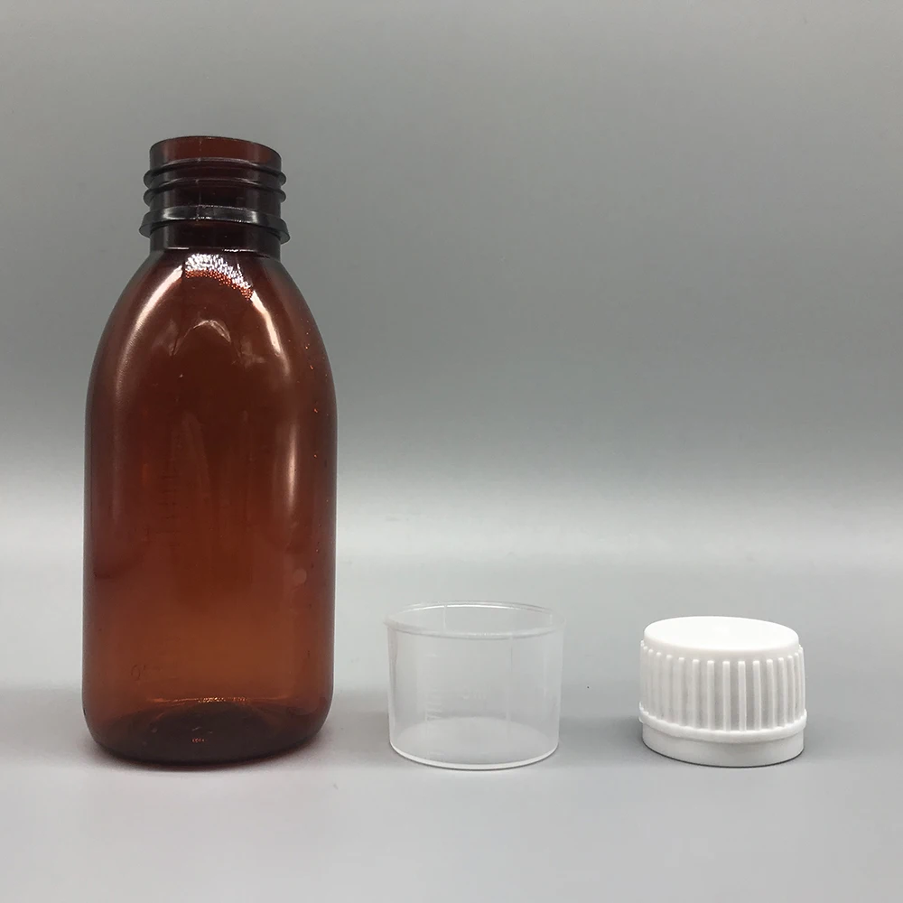 Without scale Pharmaceutical 4oz 125ML pet plastic amber brown syrup bottle with 15ml/30ml measuring cup