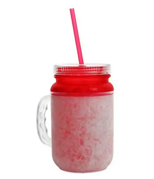 Acrylic Freezer Mason Jar,Frosty Mug mason jar tumbler with lid and straw,Double wall acrylic Frosty Mason jar with Freezing Gel