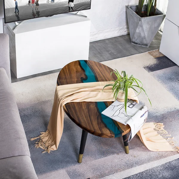 Home Furniture Beautiful clear blue river center solid wood epoxy resin table coffee table for living room
