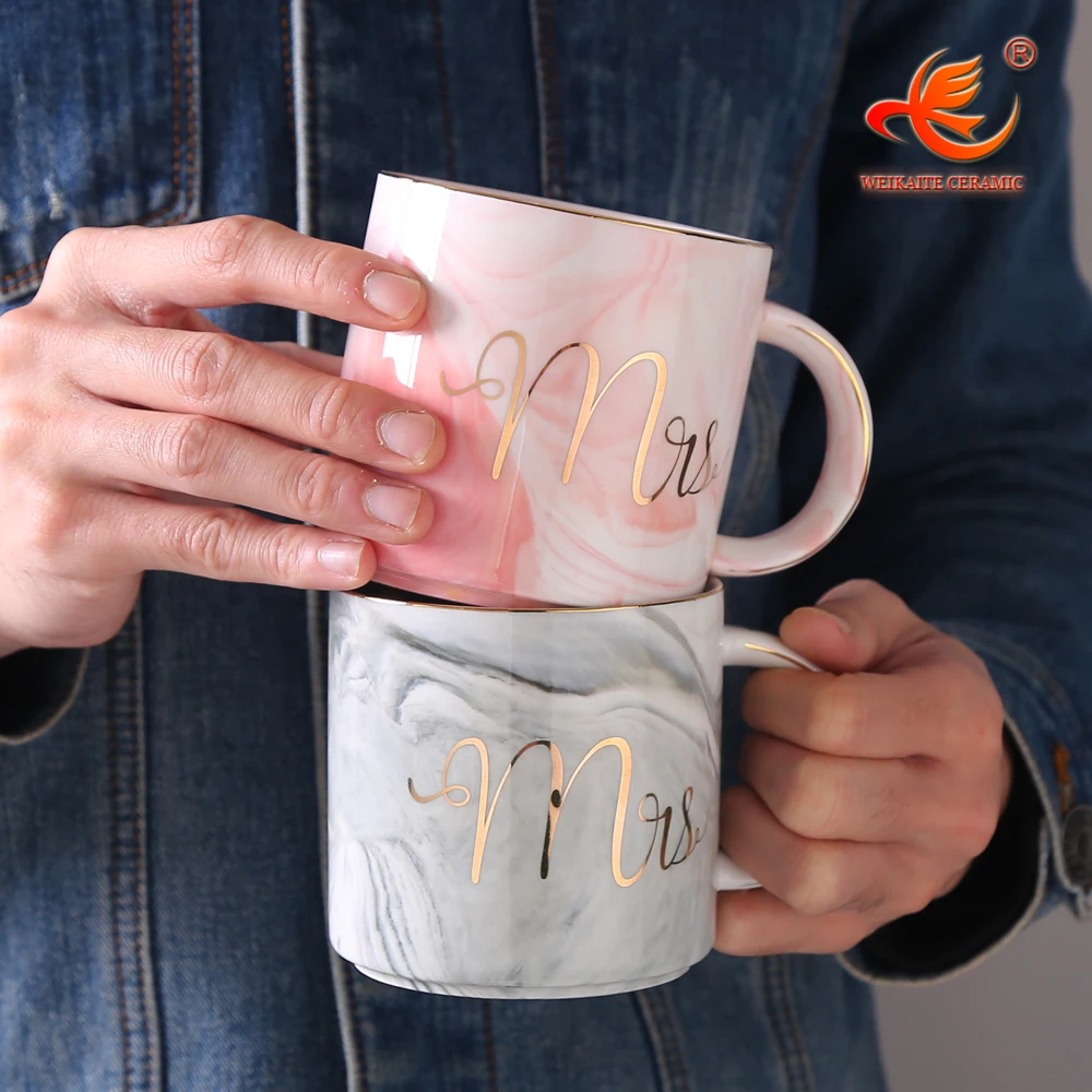 Gift box marble style mug set with gold printing Mr&Mrs gold rim 12oz ceramic porcelain coffee cup mug marble