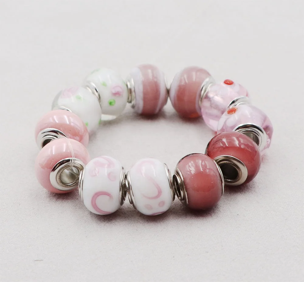 Wholesale Cheap Handmade Murano Lampwork Glass Pink big hole spacer beads  with Silver Plated Metal Core
