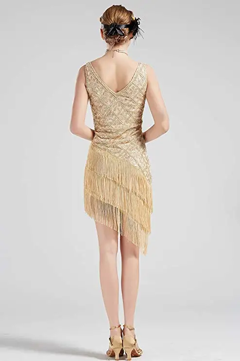 Hot Selling 1920s Vintage Flapper Sequined Dress Gatsby Fringed Dress Roaring 20s Party Dress V-Neck