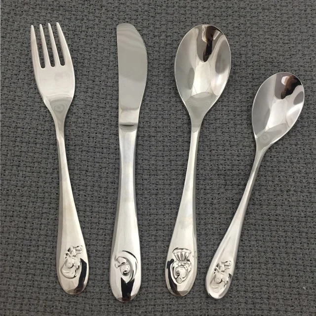 Wholesale High Quality Silverware Children Cute Silver Knife Spoon Fork Stainless Steel Cutlery Set with Stamp Cartoon Pattern