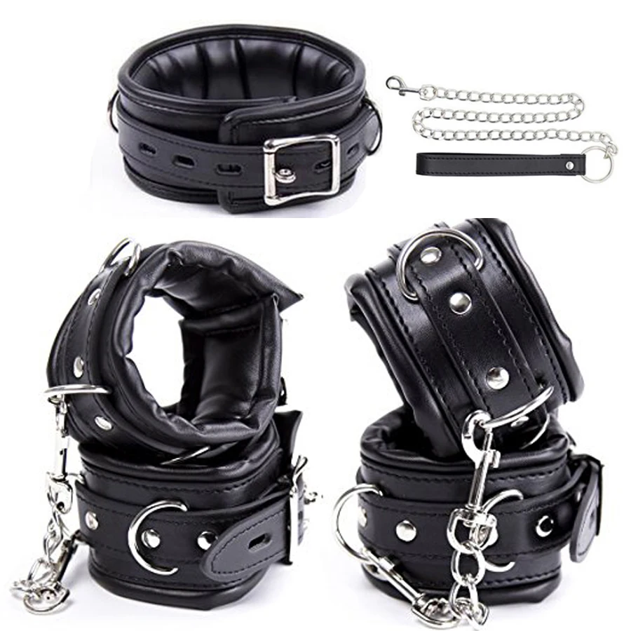 PU Leather Padded Hand Cuffs & Ankle Cuffs & Neck Collar Set BDSM Bondage Restraint Cosplay Accessories