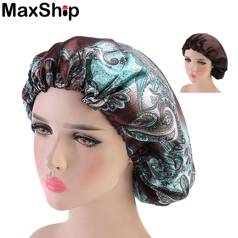 Wholesales Double face print bonnet satin sleep cap with adjustable cord for women