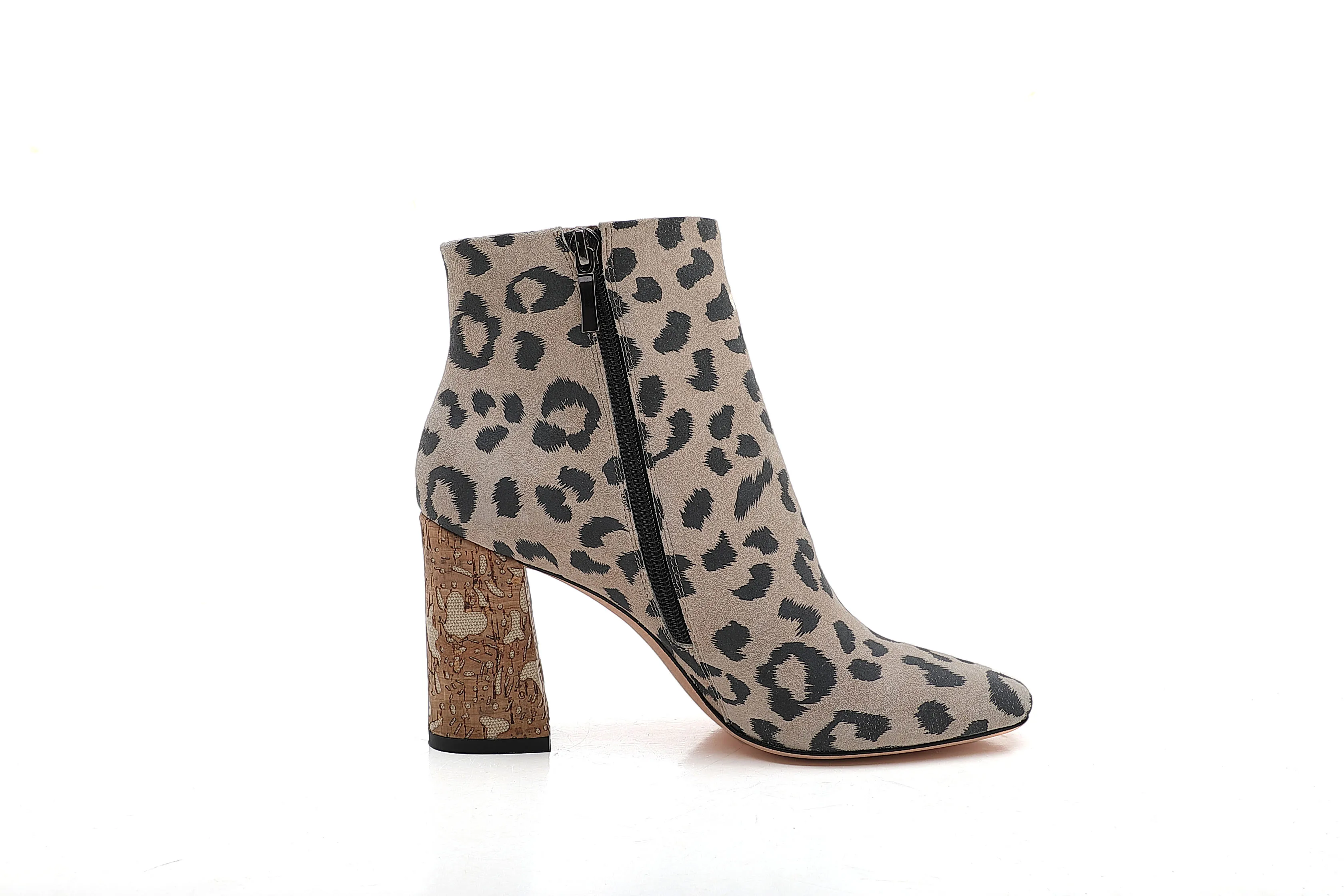 Best Price Genuine Leather Chunky Heel Leopard Print Kid Suede Ankle Boots Women