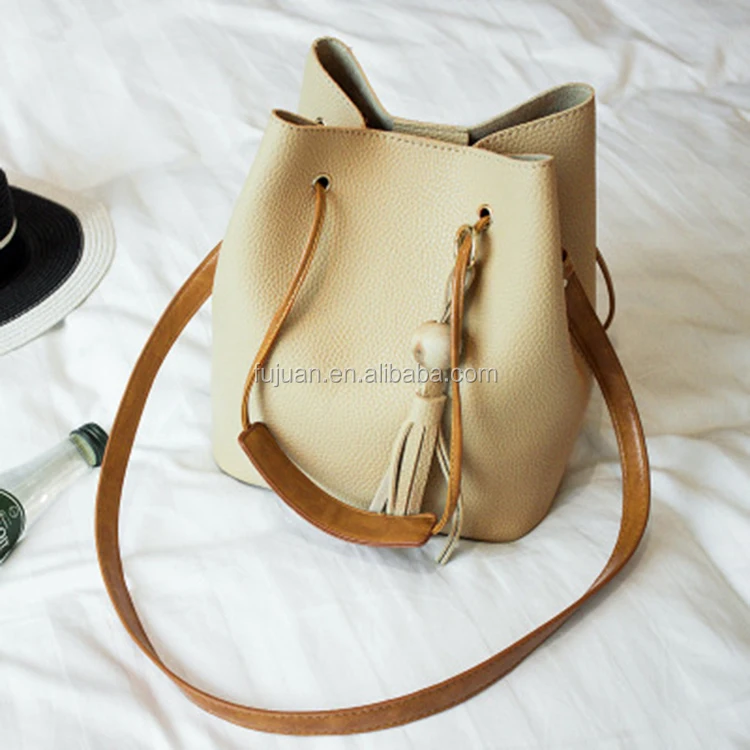 
High quality bag fabric pu leather litchi line long strap messenger bag 2 pieces metal small circle bucket bag purse organizer 