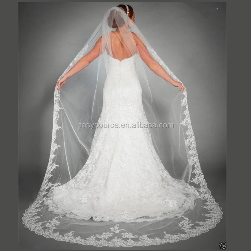 Stock Long Wedding Veil Lace Trim Bridal Veil Cathedral Veil with comb