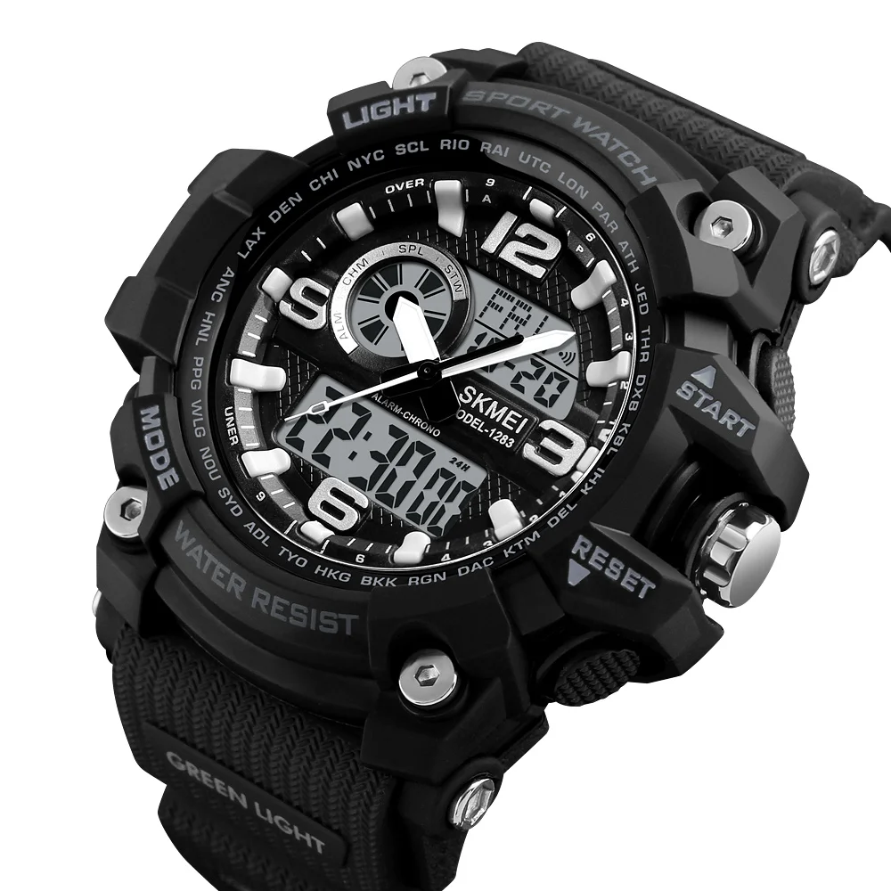 Multiple dual time Alarms waterproof with Date Chronograph men black plastic digital sports watch wristwatch