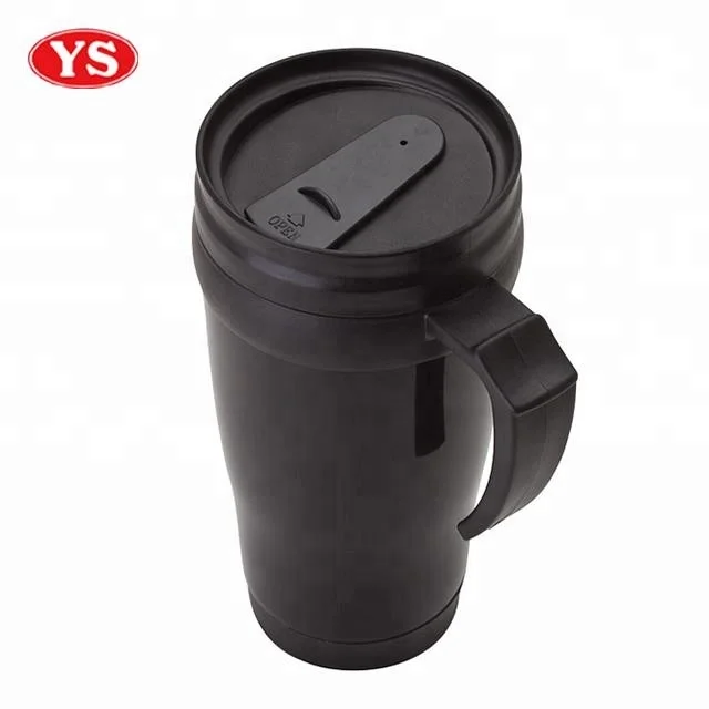 double wall 14oz non-spill plastic auto travel mug with handle